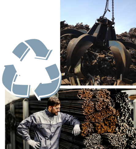 Collage aus 2 Bildern und einem Symbol. Ein Mann der an Eisenstäben lehnt und einer Metallkralle auf einem Schrottplatz versehen mit dem Recycling Symbol.