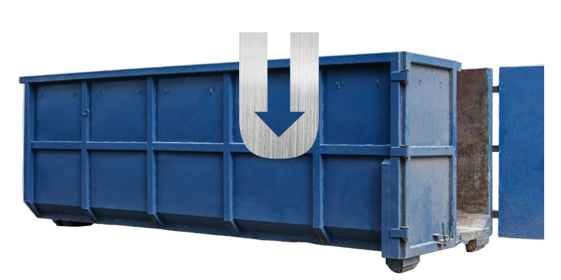 Ein blauer Container mit einer geöffneten Klapptür, versehen mit der Bildmarke in Metalloptik